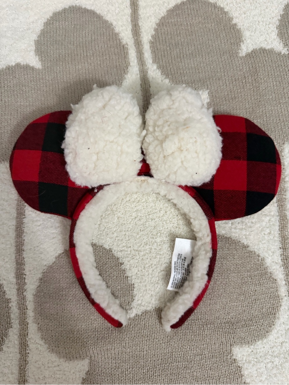 Disney Red and Black Buffalo Plaid Headband with Cream Sherpa Bows